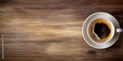 Minimalistic Workspace. White Coffee Cup on Top view Wooden Table