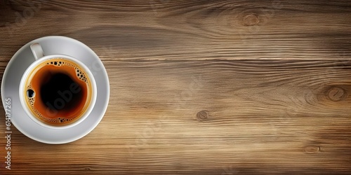 Minimalistic Workspace. White Coffee Cup on Top view Wooden Table