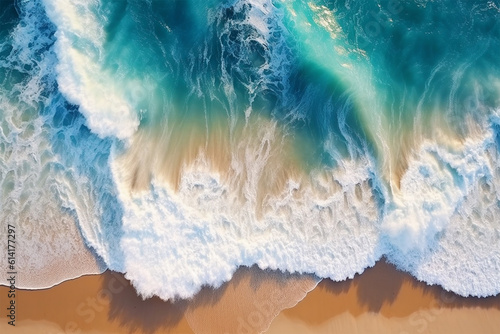 Overhead photo of crashing waves on the shoreline. Tropical beach surf. Abstract aerial ocean view. © © Ai Factory