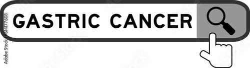 Search banner in word gastric cancer with hand over magnifier icon on white background