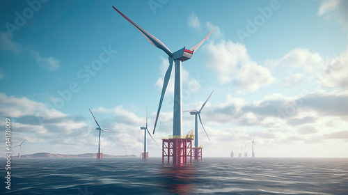 Offshore Wind Turbine in a Windfarm under construction off the England Coast at blue sky