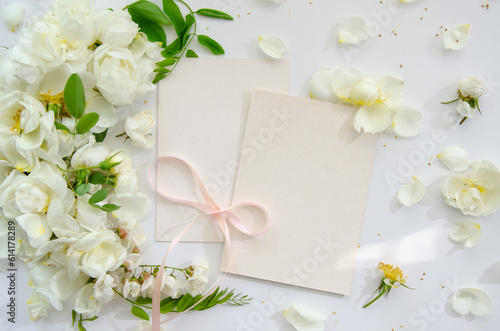 Delicate composition of blank card with white roses and petals with acacia flowers and pink ribbon on white background. Wedding concept. Invitation card template