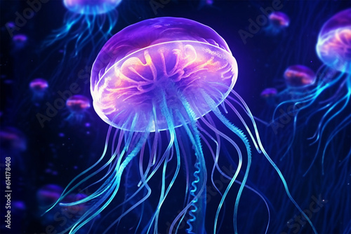 Bioluminescence. Blue, teal, purple glowing jellyfish and underwater ocean marine life