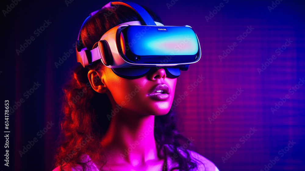 Generative AI. An elegant woman is engaging in virtual sports while wearing VR glasses Generative AI. An elegant woman is engaging in virtual sports while wearing VR glasses