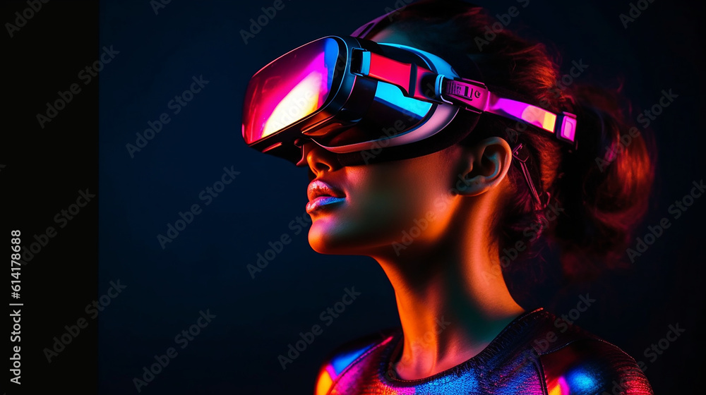 Generative AI. An elegant woman is engaging in virtual sports while wearing VR glasses Generative AI. An elegant woman is engaging in virtual sports while wearing VR glasses