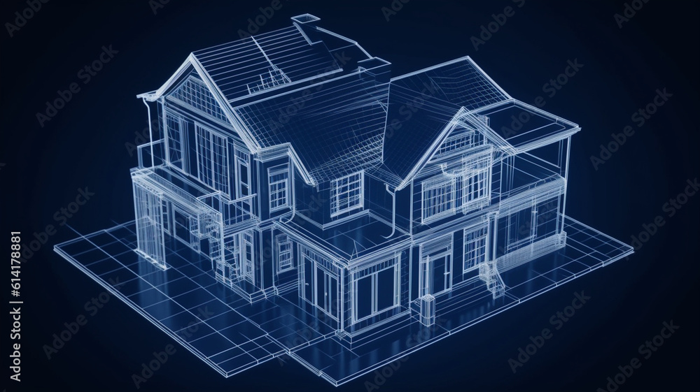 a futuristic 3D wire frame drawing of a house a futuristic 3D wire frame drawing of a house