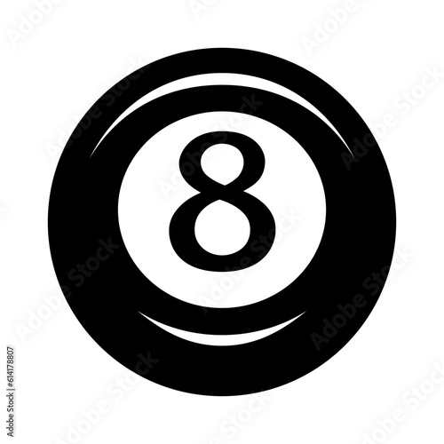 Billiard ball icon, black color with the number eight. 8. Pool game. Snooker.