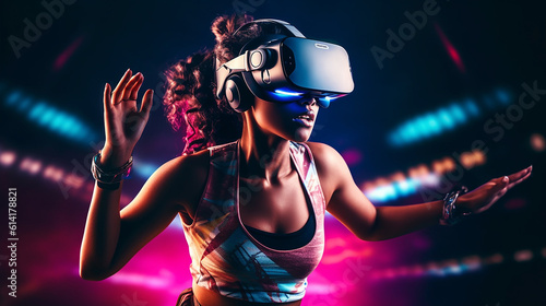 Generative AI. An elegant woman is engaging in virtual sports while wearing VR glasses © The Gentleman