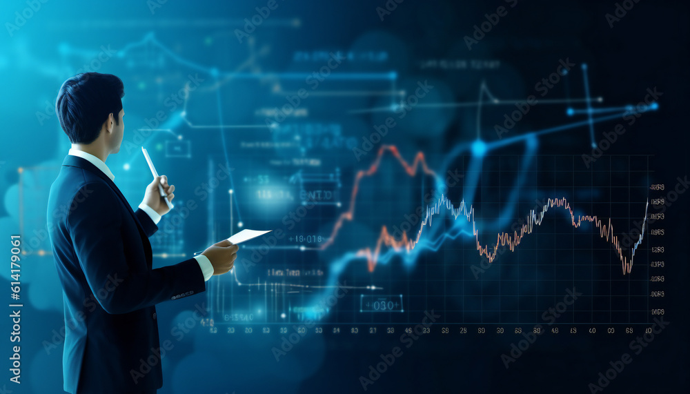 Young businessman standing in front investing analytics charts and studying and stock market data. Blue technology and business background. Generative AI Young businessman standing in front investing analytics charts and studying and stock market data. Blue technology and business background. Generative AI