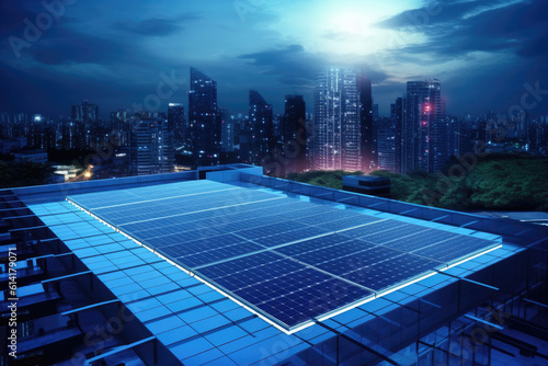 Solar panels on rooftop Renewable Energy in city night light