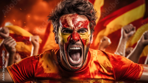 A fan of the Spanish team in the Celebration of the victory in the championship. A man with his face painted in the colors of Spain is celebrating the victory of his team. Generative Ai