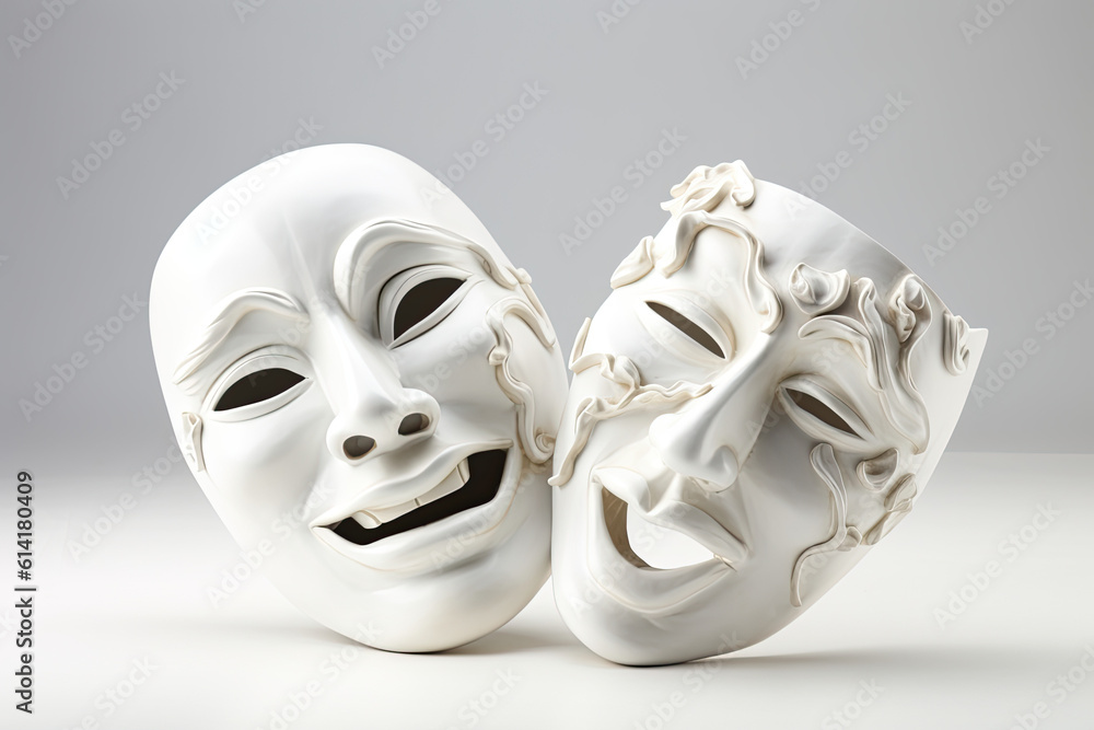 Theater masks, both comedic and tragic, made of white fabric. Generative AI. Theater masks, both comedic and tragic, made of white fabric. Generative AI.
