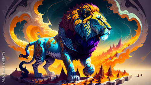 Un regale leone dai molti colori e con una folta criniera spadroneggia sul paesaggio circostante. Creato con AI. photo