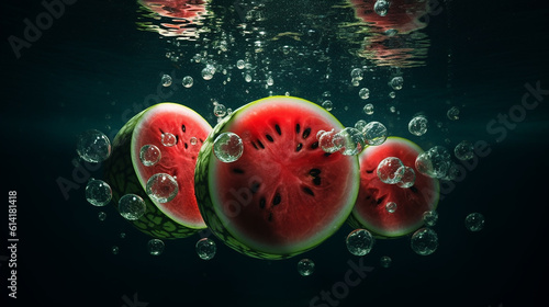 Generative AI image of watermelon slices submerged in water, creating bubbles that dance around the vibrant pink flesh, adding an enchanting touch to this refreshing and invigorating summer scene.