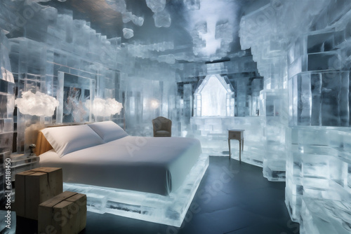 Cool style bedroom interior  designed and built with ice cubes