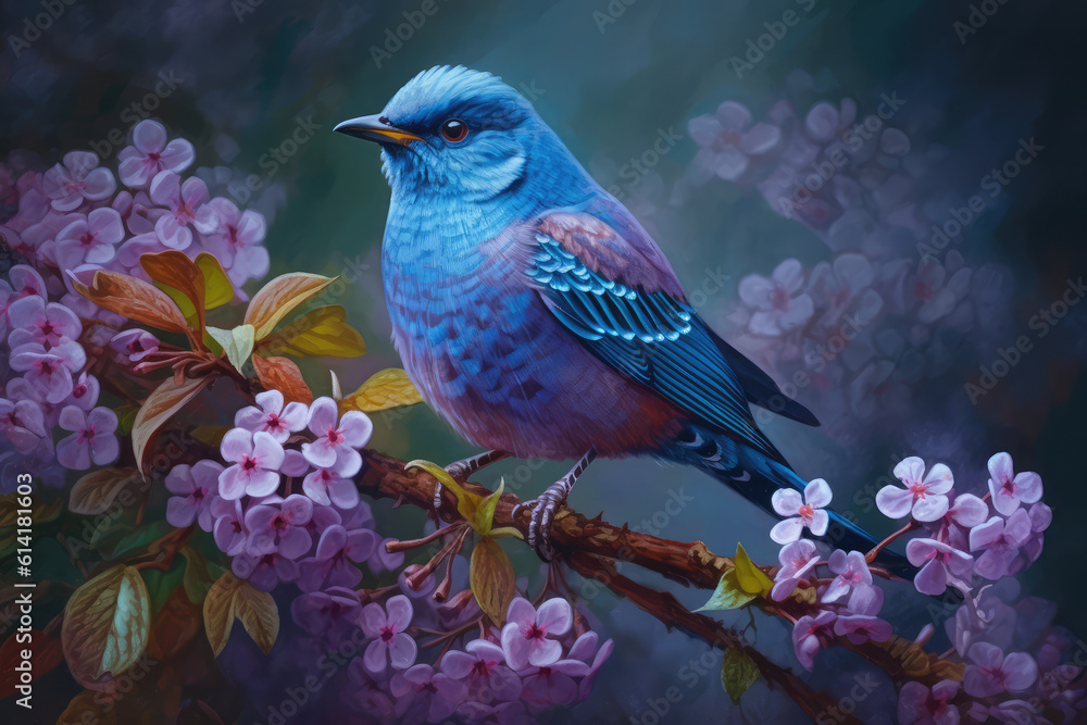 a blue bird by an old painting in bloom, generative AI