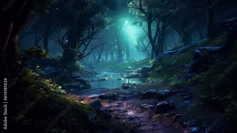 Gloomy fantasy forest scene at night blue shades Gloomy fantasy forest scene at night blue shades