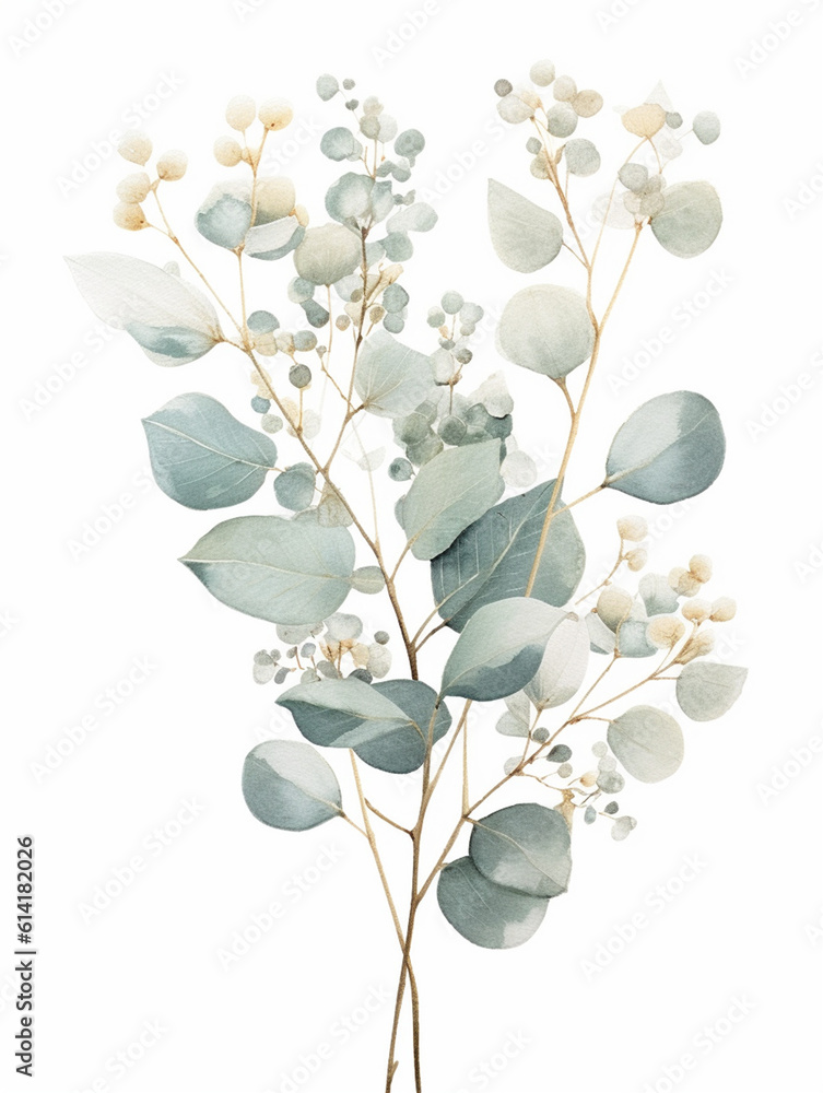 Obraz premium Watercolor floral illustration set - green leaf branches collection, for eco wedding stationary, greetings, wallpapers, fashion, background. Eucalyptus, olive, green leaves. Generative AI