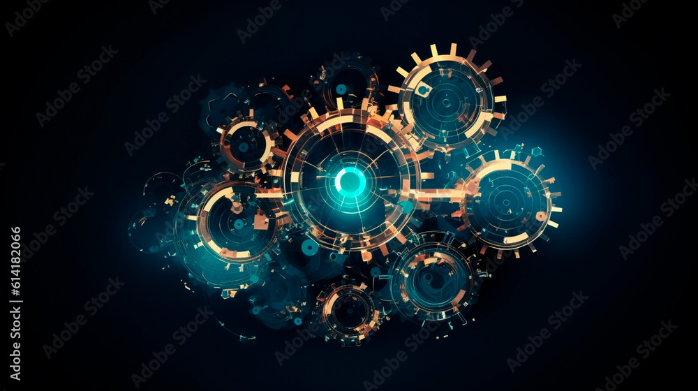 Abstract 3D gears on dark background. Concept of gear mechanics and cog mechanics. Digital polygonal mesh with points, lines and shapes. mechanical engineering wireframe. Generative AI Abstract 3D gears on dark background. Concept of gear mechanics and cog mechanics. Digital polygonal mesh with points, lines and shapes. mechanical engineering wireframe. Generative AI