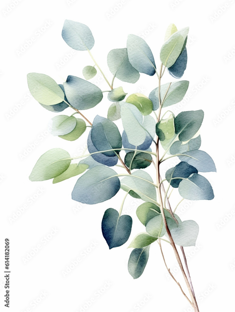 Watercolor floral illustration set - green leaf branches collection, for eco wedding stationary, greetings, wallpapers, fashion, background. Eucalyptus, olive, green leaves. Generative AI