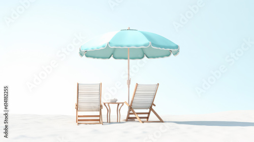 Beach chairs and an umbrella on a white sand beach © Alex