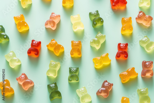 Above view of colorful gummy bears on a flat blue background. Creative wallpaper for a candy store with marmalade gummy bears candy. Generative AI professional photo imitation. photo
