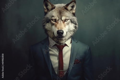 portrait of a wolf in a suit and tie, AI
