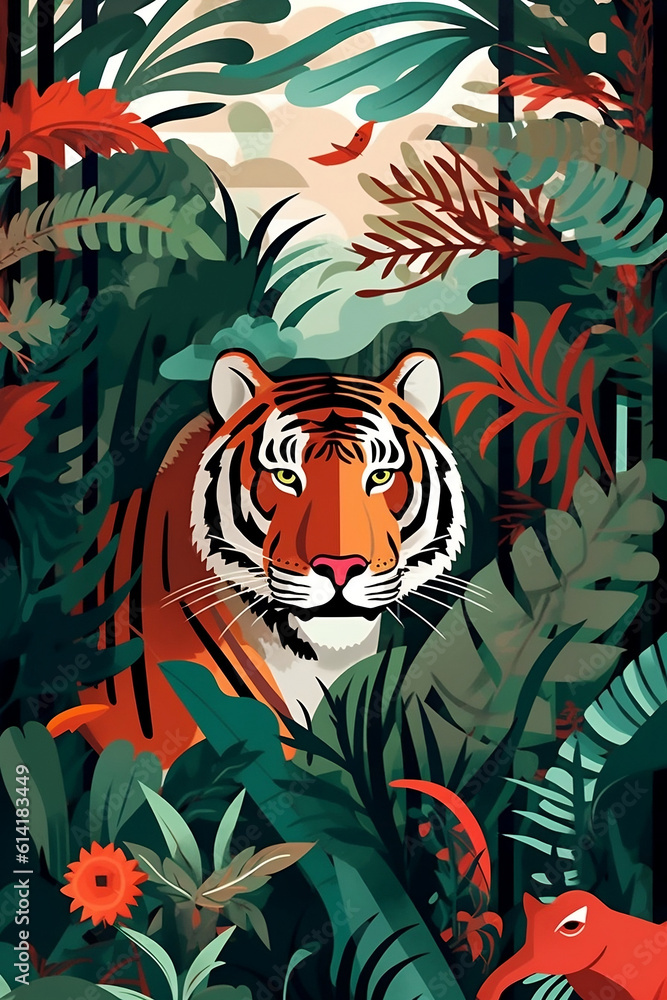 Fototapeta premium very colorful ilustration of a tiger in the jungle, AI
