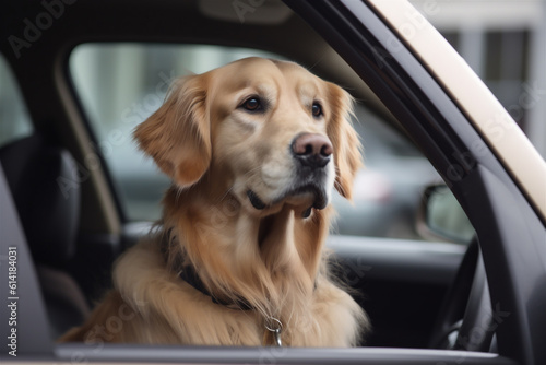 Close-up of a golden retriever poking his head out of a car