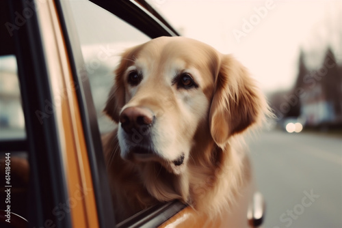 Close-up of a golden retriever poking his head out of a car