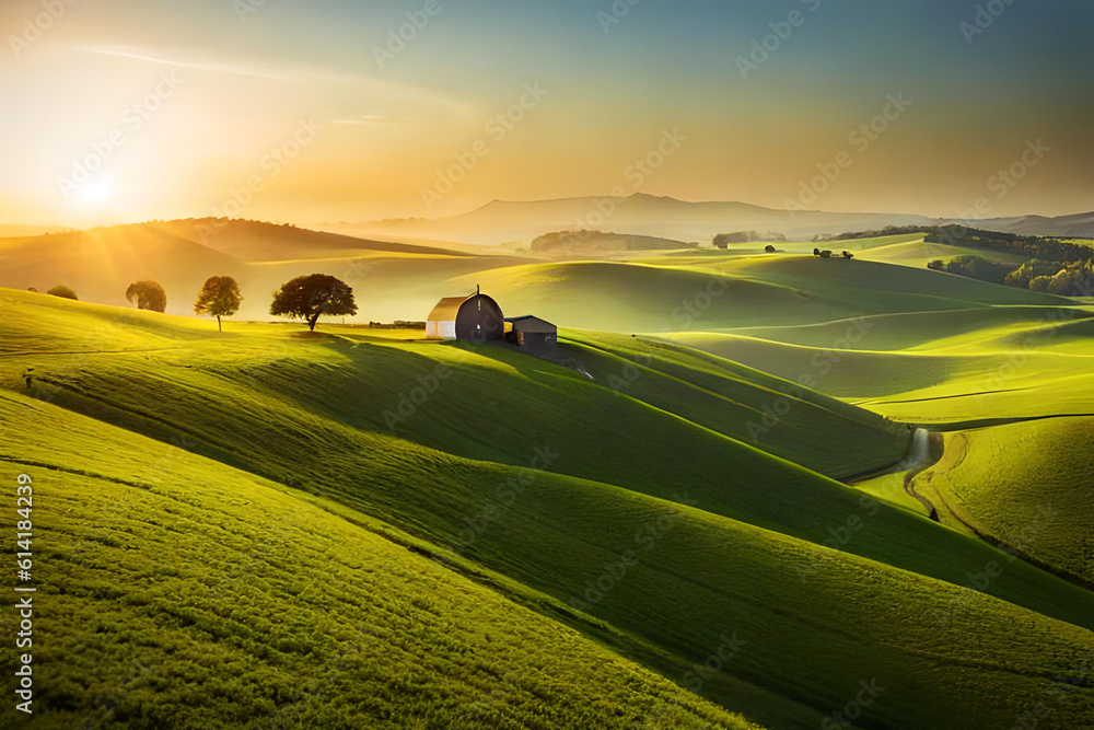 sunrise over the field, depicting rural life and natural