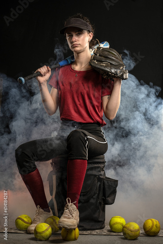 Athletic fast pitch softball player in red and black uniform sits on coaches bucket with foggy background. photo