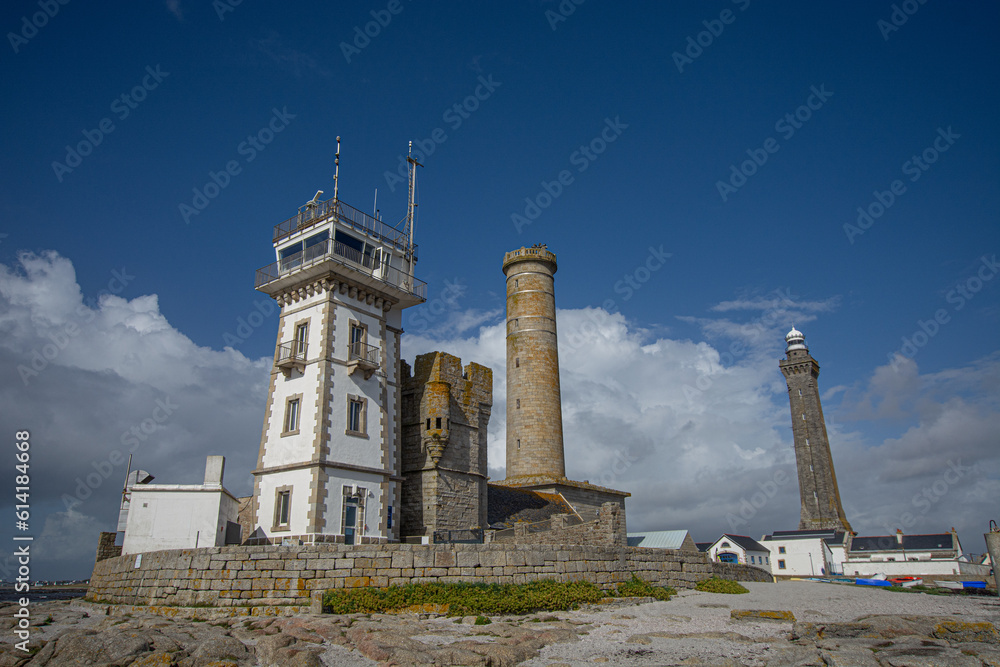 Penmarc'h. The semaphore, the old lighthouse, the old chapel and the lighthouse of Eckmühl. Finistère, Brittany