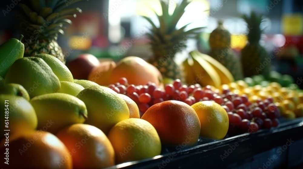 Big fresh fruits and vegetables on the market counter shop.