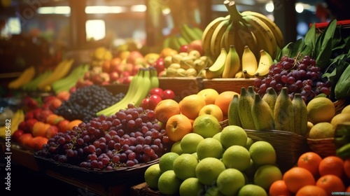 Big fresh fruits and vegetables on the market counter shop. © sirisakboakaew