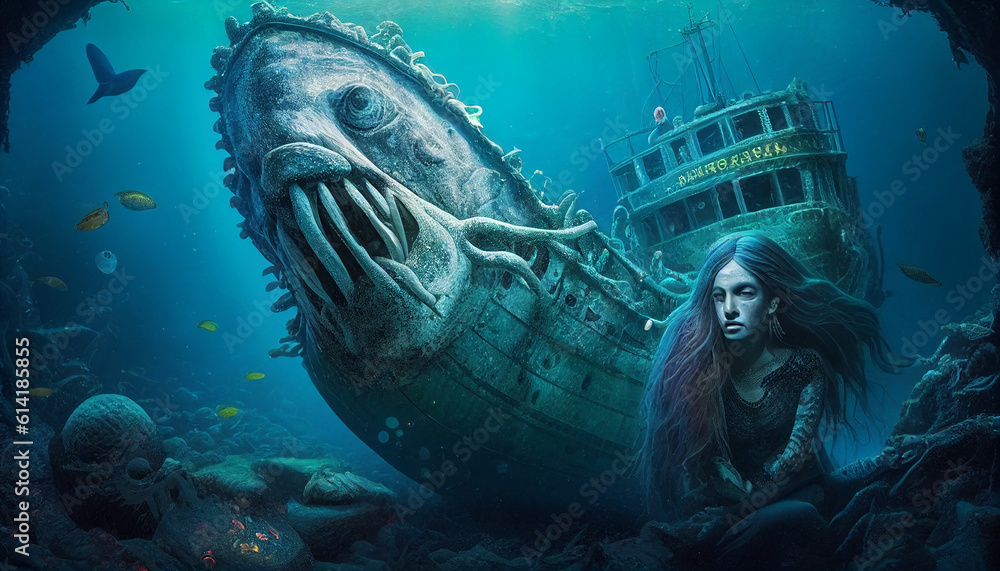 Illustration of a mermaid around a sunken ship at the bottom of the sea - obrazy, fototapety, plakaty 