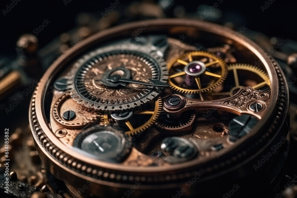 Gears and cogs in clockwork watch mechanism.