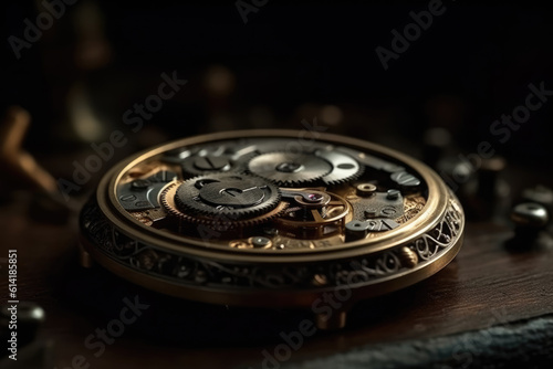 Gears and cogs in clockwork watch mechanism.