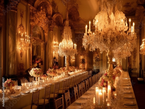 The interior of the magnificent European ballroom is decorated with crystal lights and candles