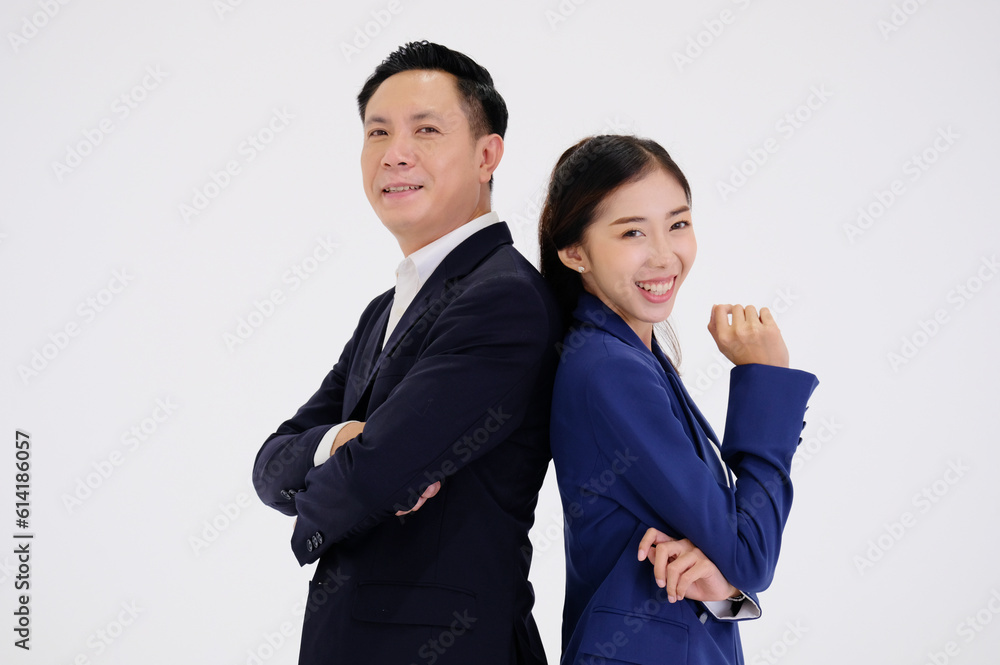 business woman and a smiling businessman standing on a white background. business woman and a smiling businessman standing on a white background.