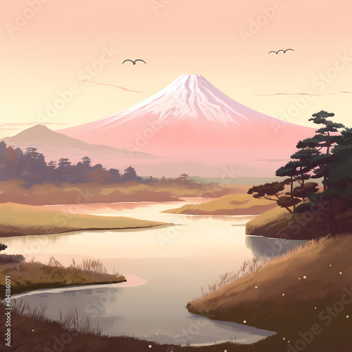 Mount Fuji Traditional Japanese Art in Soft Colors