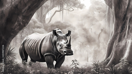 White rhino in Africa, drawing, Generative AI © Worldillustrator