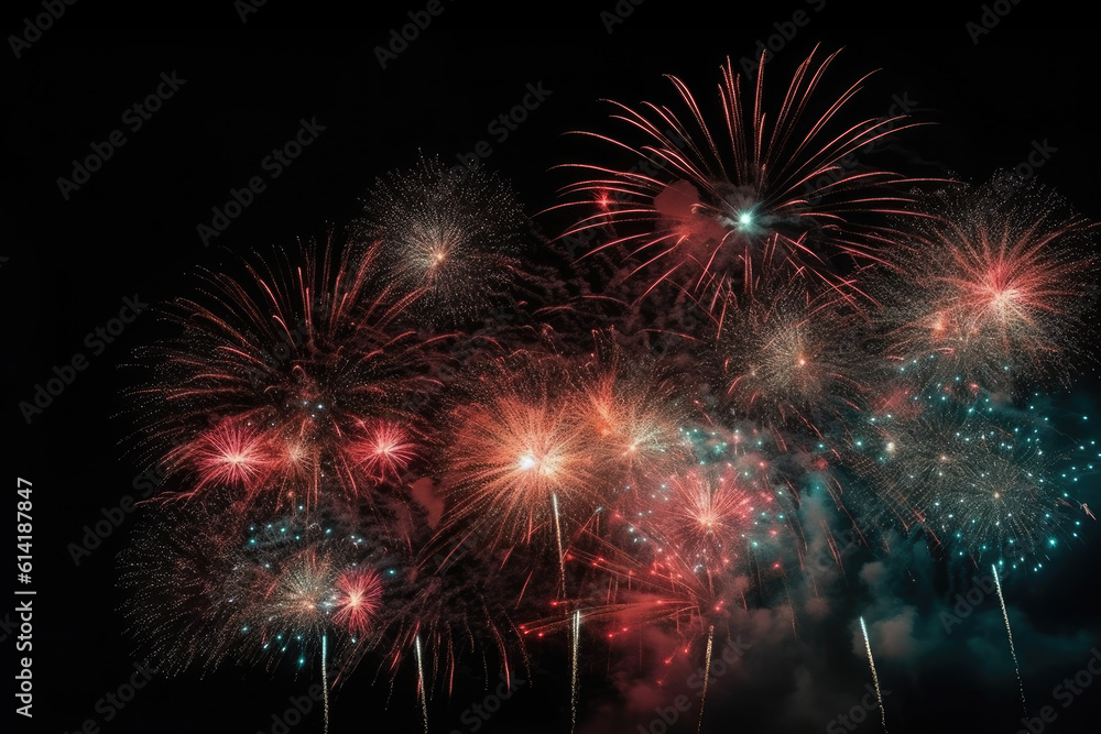 Colorful fireworks on the 4th of July. Festival celebration explosion. Abstract firecrackers in the night sky.