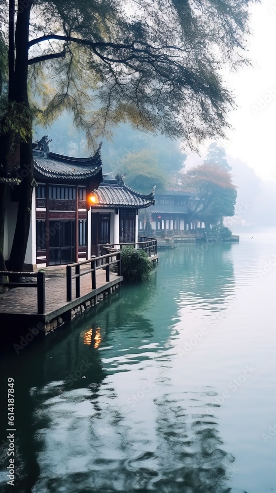Fototapeta premium Chinese Houses near the Tianmu Lake, Chinese Lake. Generative AI.