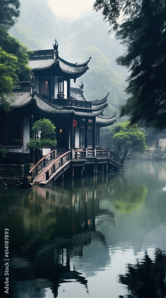 Chinese Houses near the Tianmu Lake, Chinese Lake. Generative AI.