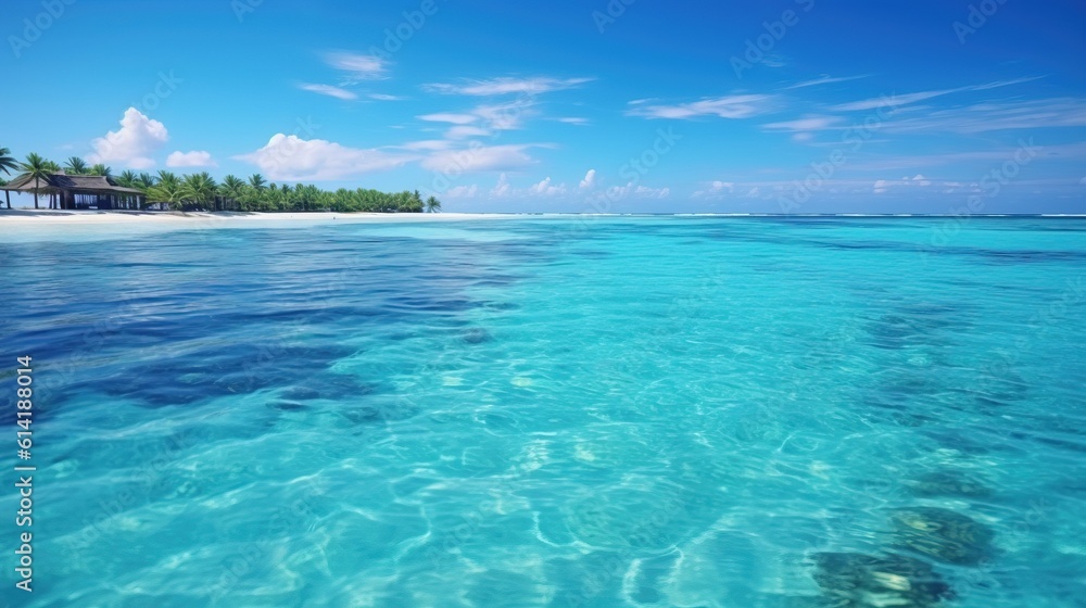 This Fantastic Commercial Shot capture the Clean Sea of Maldives and an Island in the Background with a lot of vegetation. Generative AI. This Fantastic Commercial Shot capture the Clean Sea of Maldives and an Island in the Background with a lot of vegetation. Generative AI.