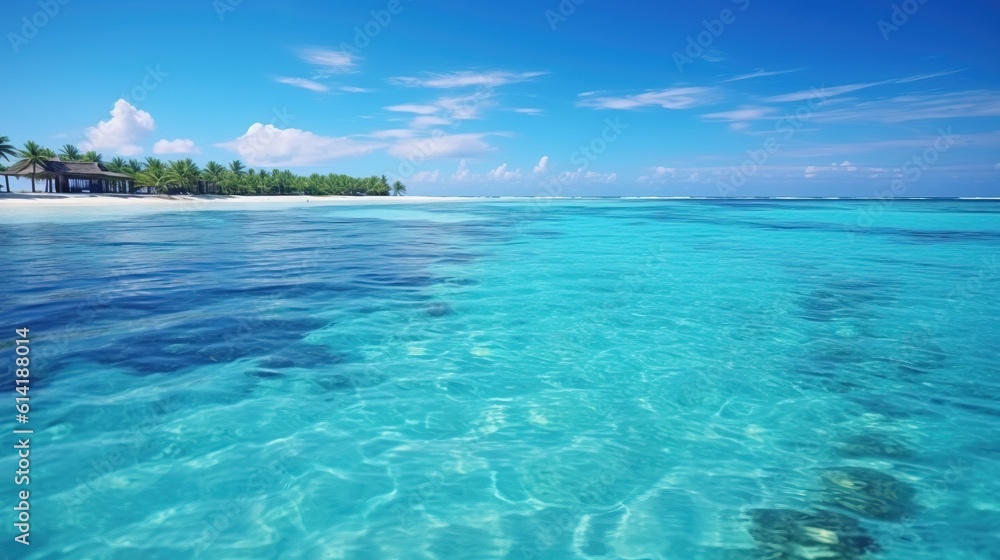 This Fantastic Commercial Shot capture the Clean Sea of Maldives and an Island in the Background with a lot of vegetation. Generative AI.