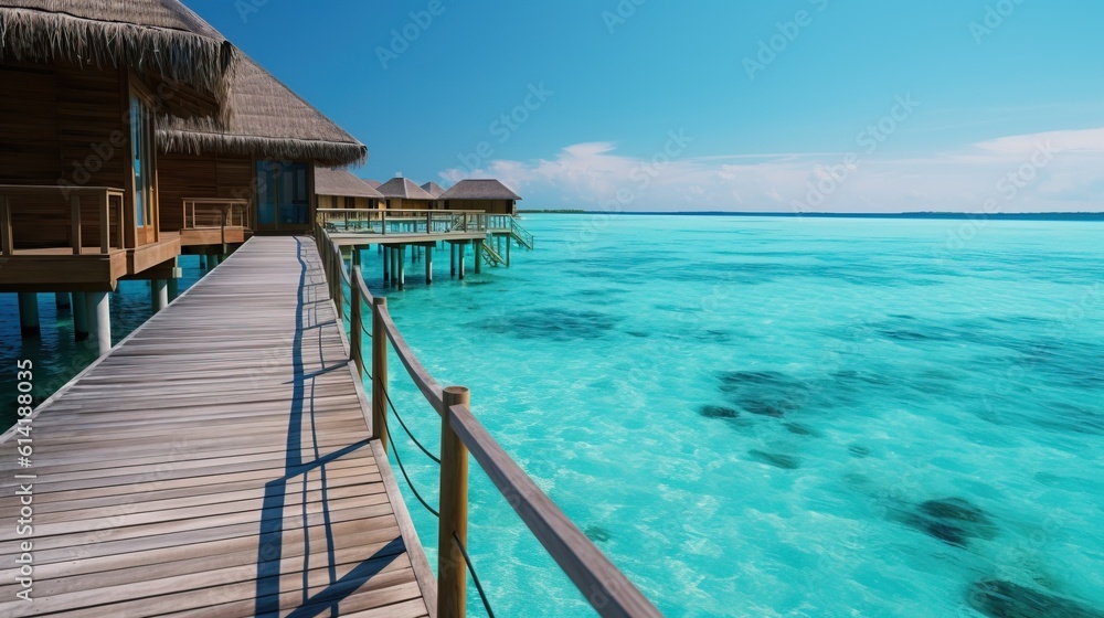 Wooden Walkway over the clean Sea of Maldives that links the Bungalows to the Beach. Generative AI. Wooden Walkway over the clean Sea of Maldives that links the Bungalows to the Beach. Generative AI.