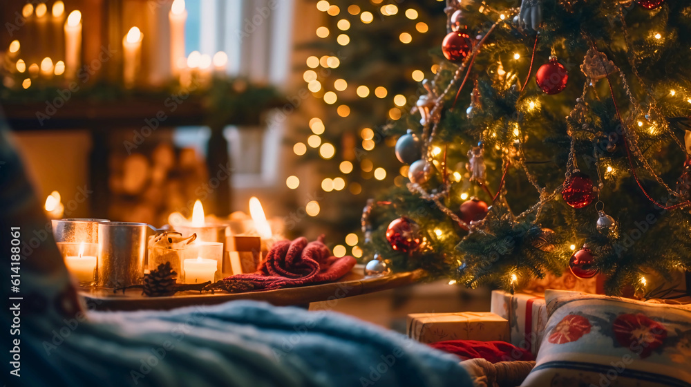 A candid shot of a traditional Christmas tree with a cozy knitted blanket and ornaments, illuminated by warm candlelight in the evening, featuring a Holly wreath and wrapped presents.