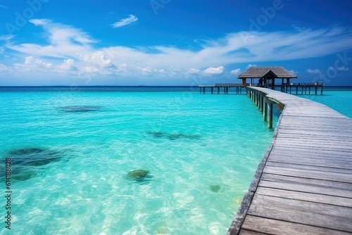 Wooden Walkway over the clean Sea of Maldives that links the Bungalows to the Beach. Generative AI. © Boss